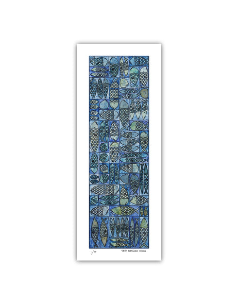 Sardine Tackle Box is a Limited Edition Print by Seth B. Minkin, with blues and greens, capturing the playful design and intricate details of sardines in a tackle box.